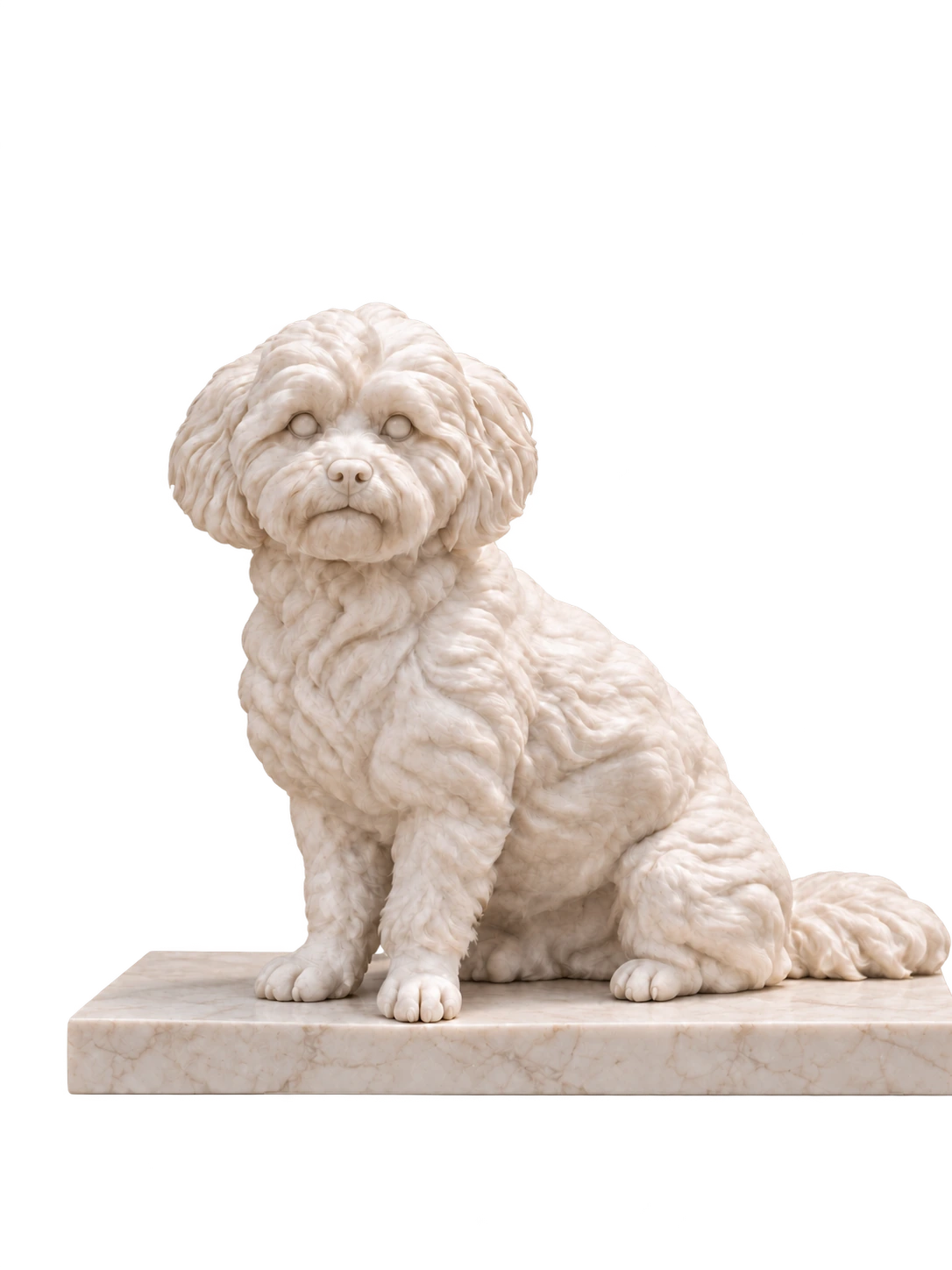 Barney seated on a low stone base, shown as a marble sculpture concept